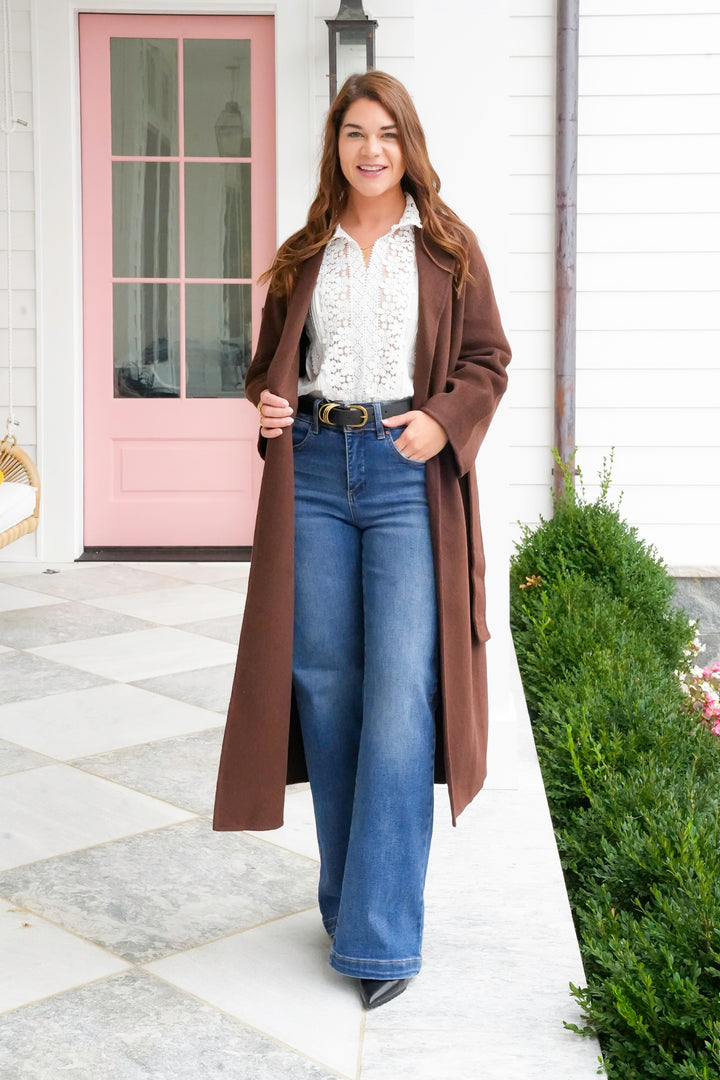Brown Long Sleeve Tie At the Waist Coat