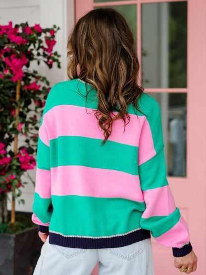 Wide Stiped Long Sleeve Pullover Sweater - Freckled Poppy