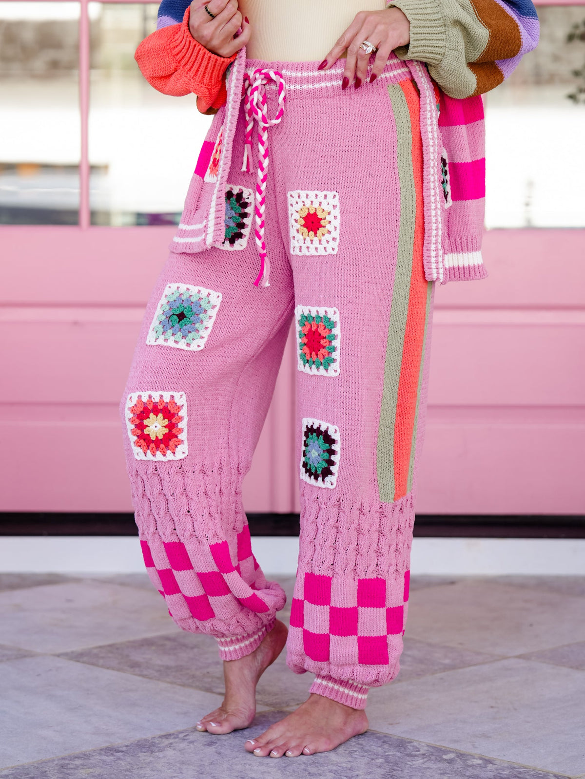 POL Knit Elastic Waist Pants with Crochet Granny Square Detail - Freckled Poppy