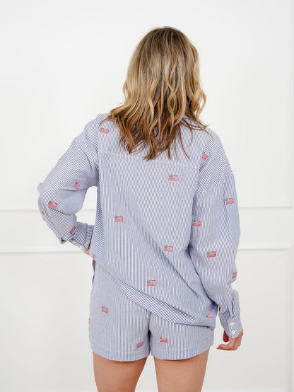 Stripe Long Sleeve Button Down Top with Embroidered Flags