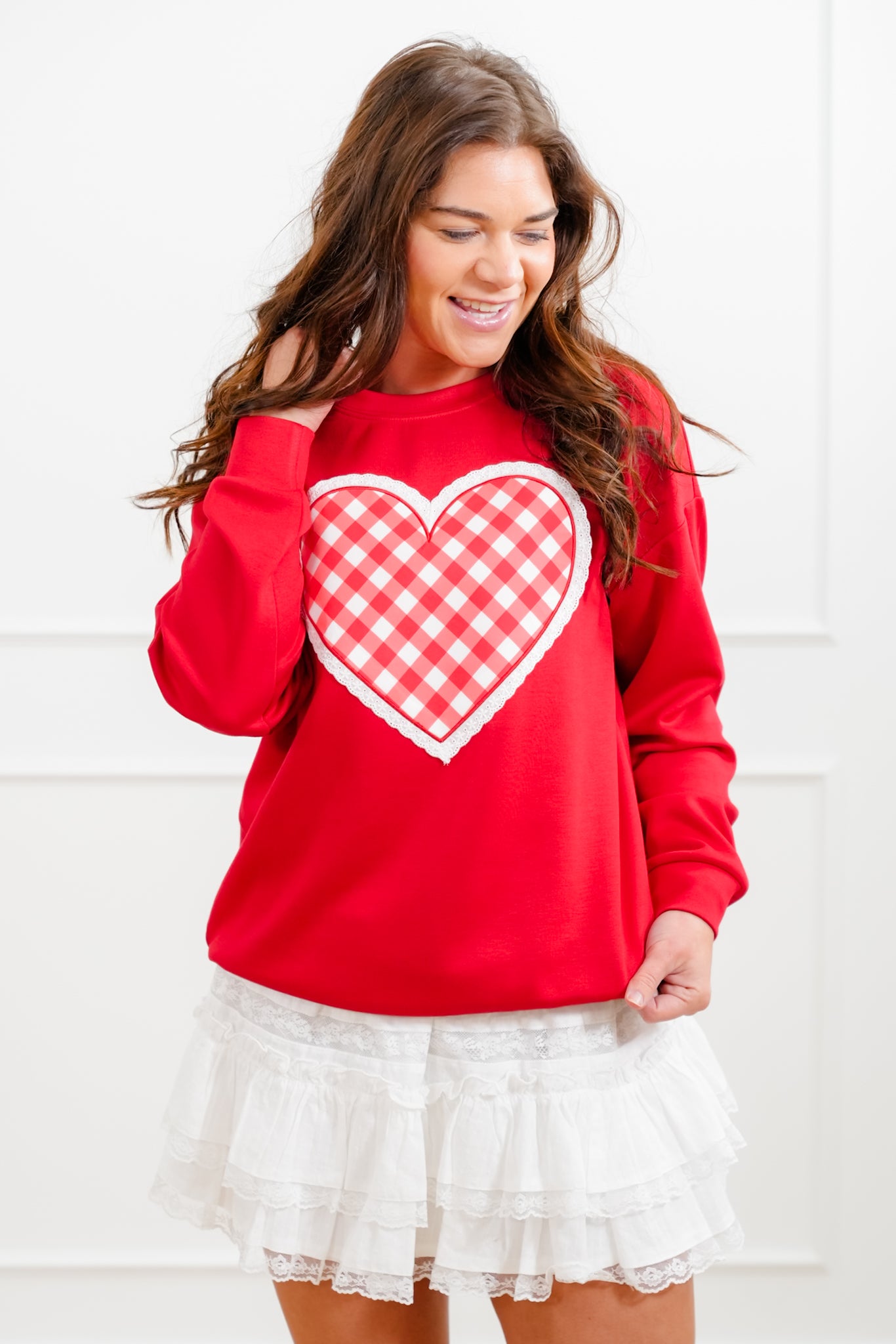 Plus/Reg Gingham Heart Long Sleeve Pullover Top