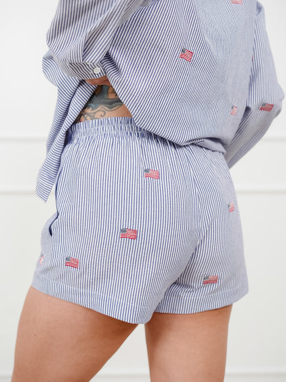 Stripe Elastic Waist Shorts with Embroidered Flags