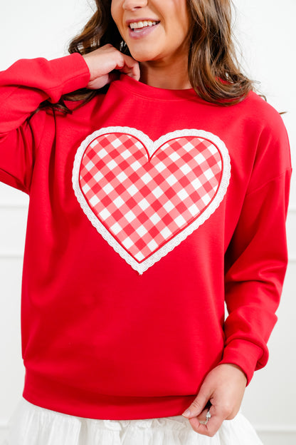 Plus/Reg Gingham Heart Long Sleeve Pullover Top