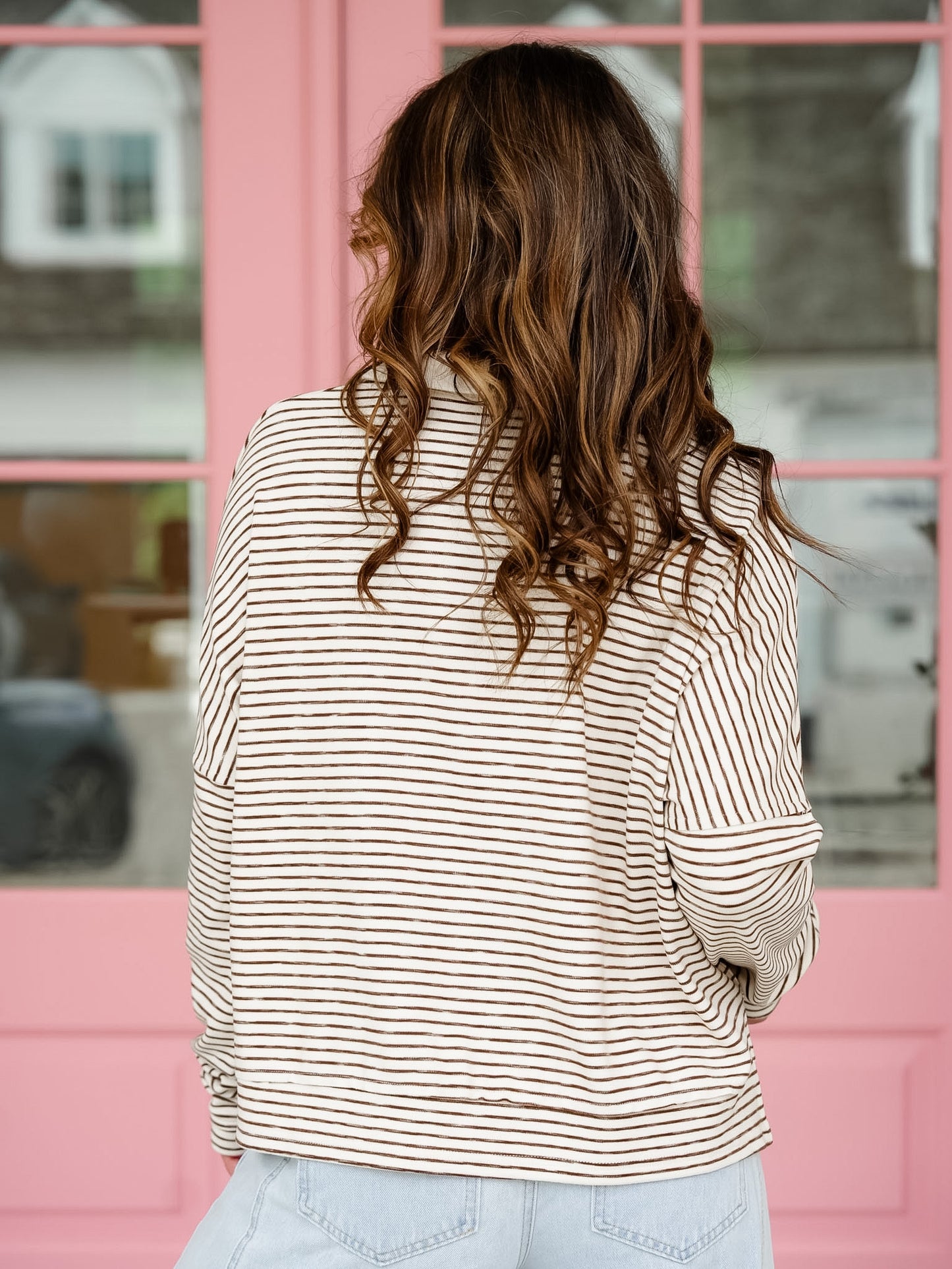Plus/Reg Stripe Long Sleeve Button Up Top with Patch Pockets