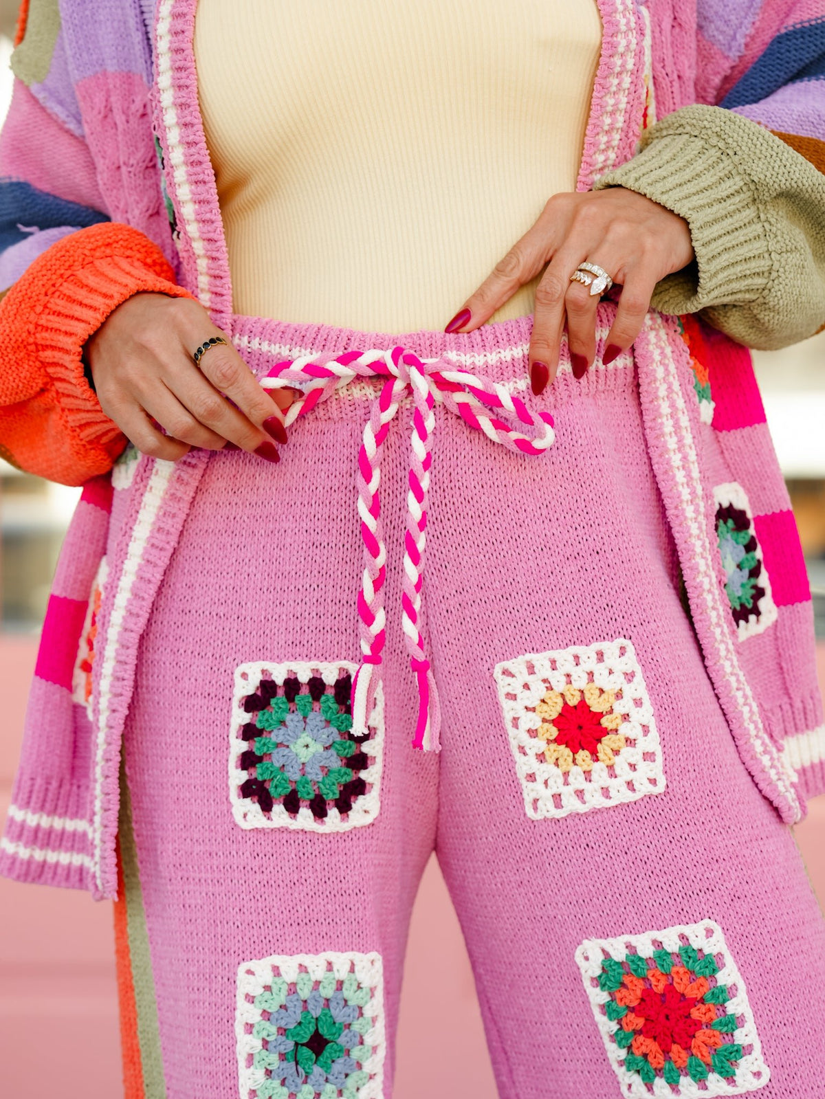 POL Knit Elastic Waist Pants with Crochet Granny Square Detail - Freckled Poppy