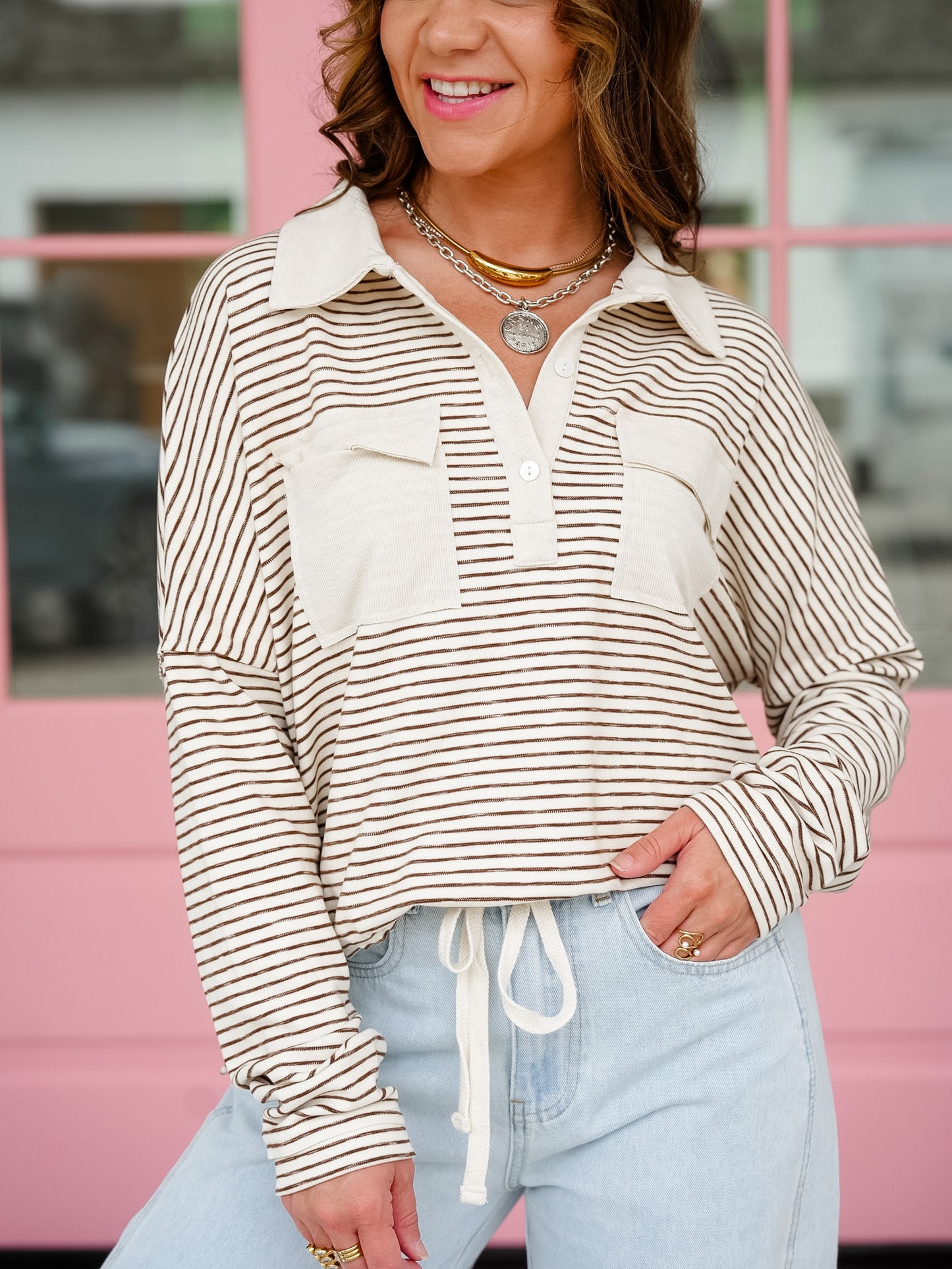 Plus/Reg Stripe Long Sleeve Button Up Top with Patch Pockets