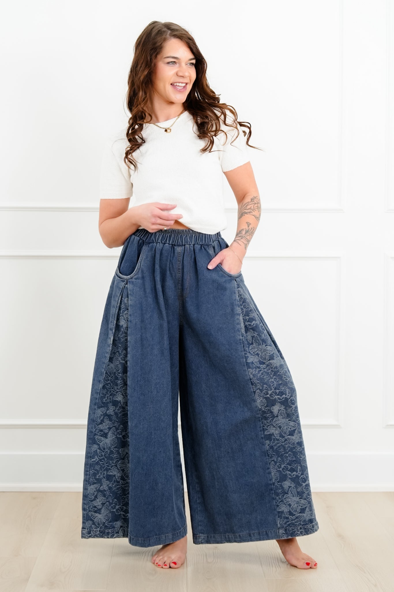 Denim Floral Print Elastic Waist Wide Leg Pants