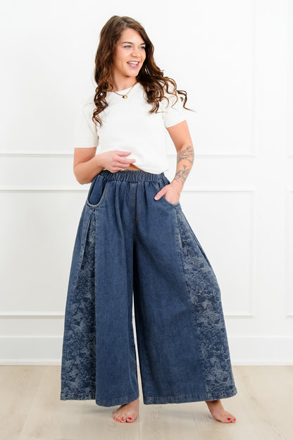 Denim Floral Print Elastic Waist Wide Leg Pants