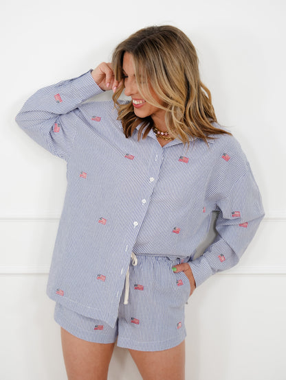 Stripe Long Sleeve Button Down Top with Embroidered Flags