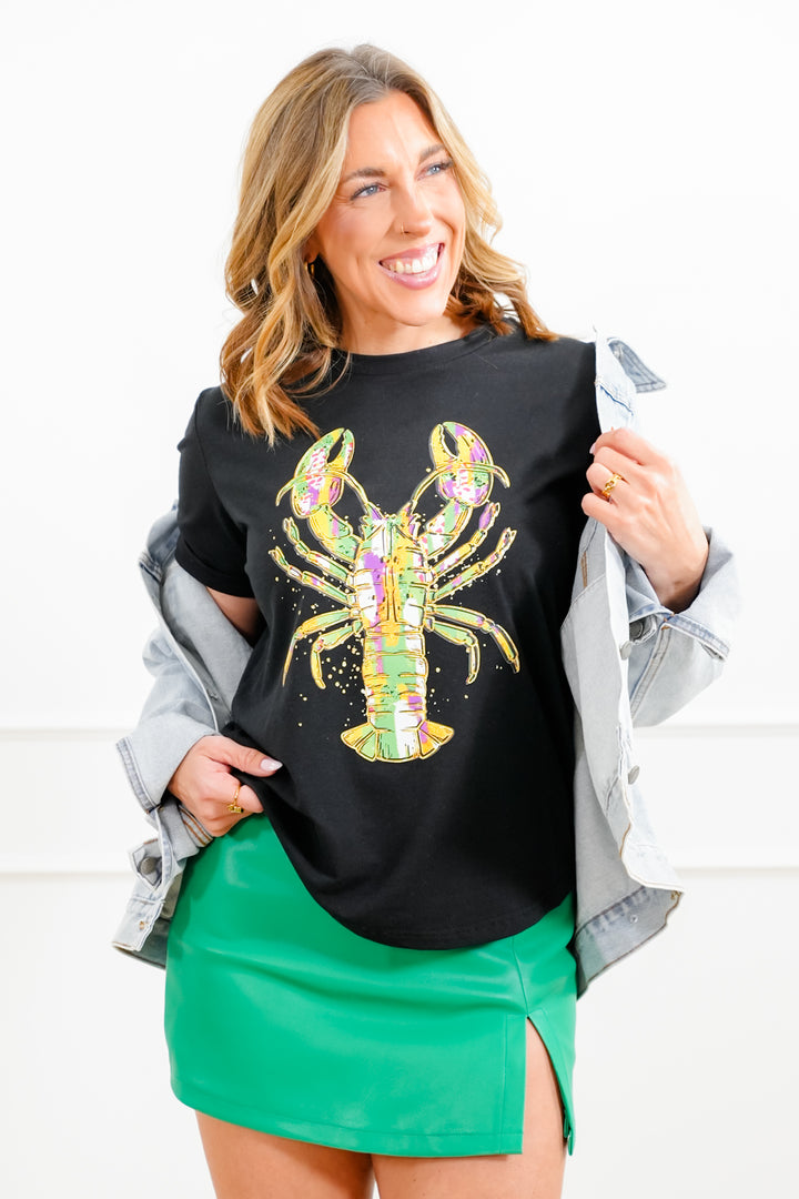 Plus/Reg Black Short Sleeve Mardi Gras Lobster Graphic Tee