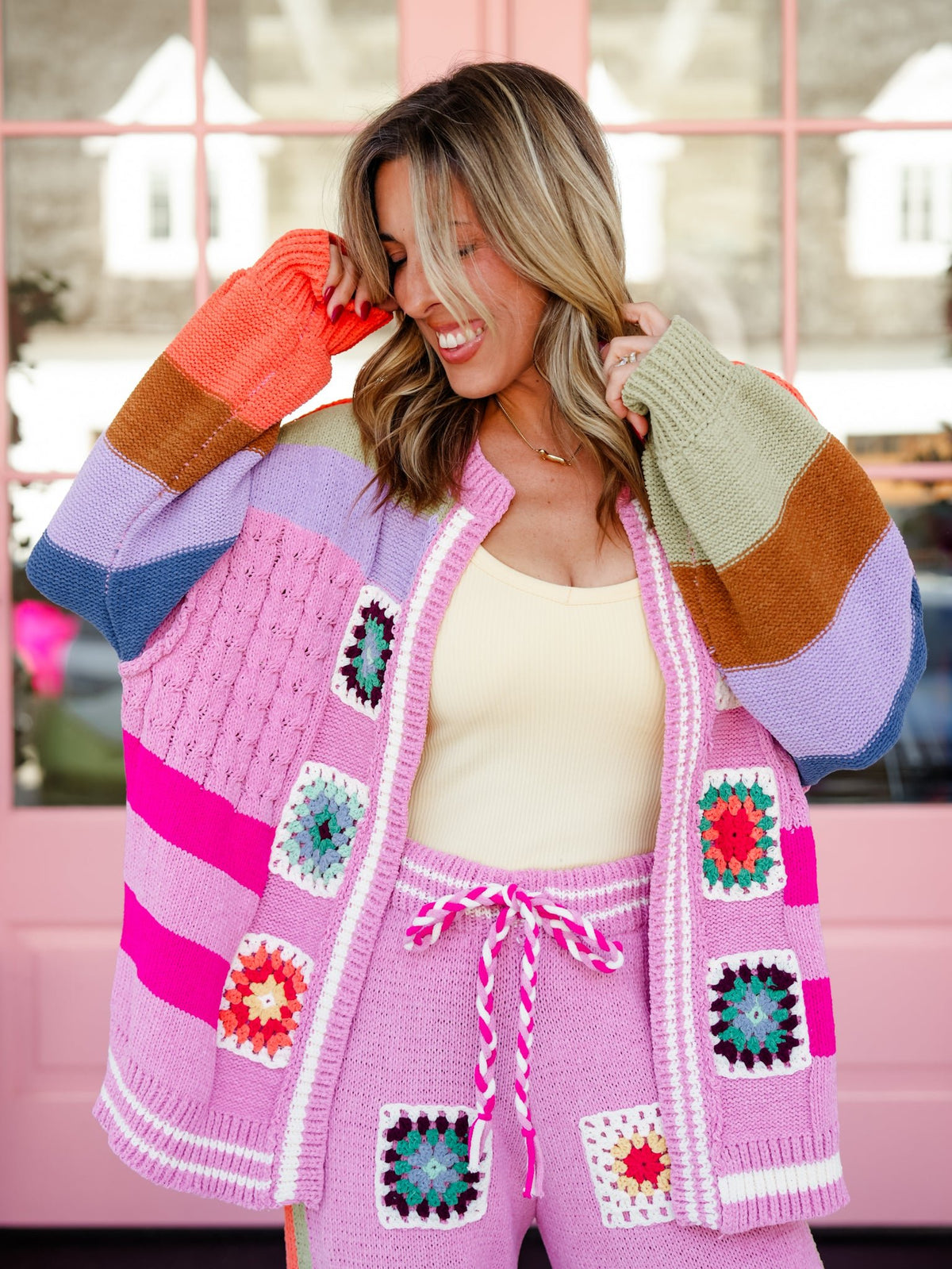 POL Granny Square Crochet Striped Open Knit Cardigan - Freckled Poppy