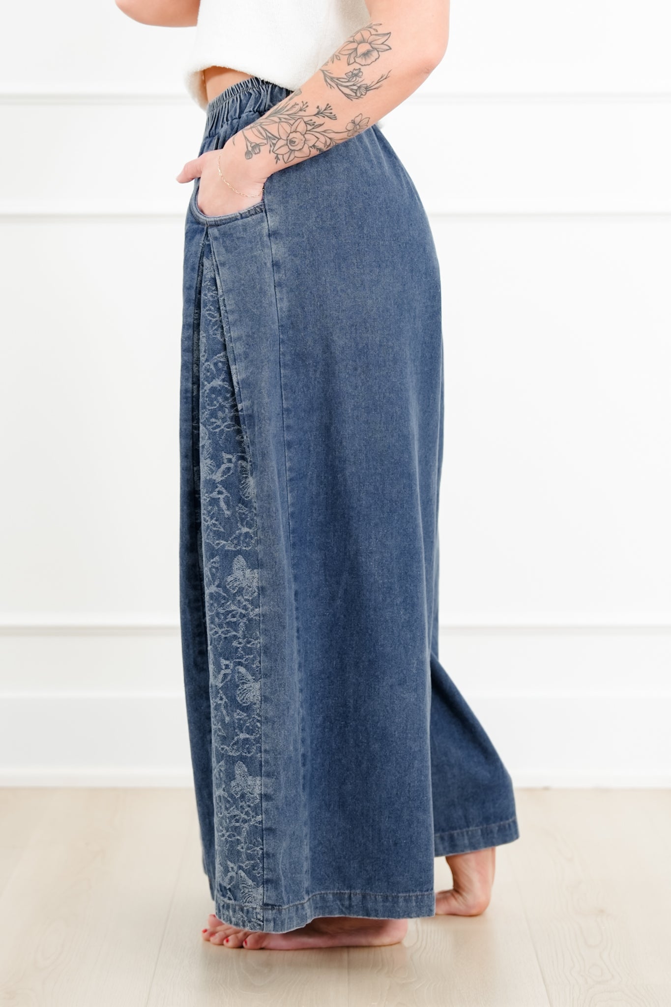 Denim Floral Print Elastic Waist Wide Leg Pants