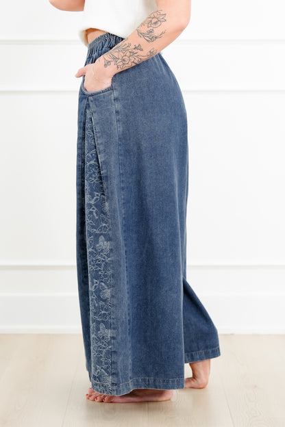 Denim Floral Print Elastic Waist Wide Leg Pants