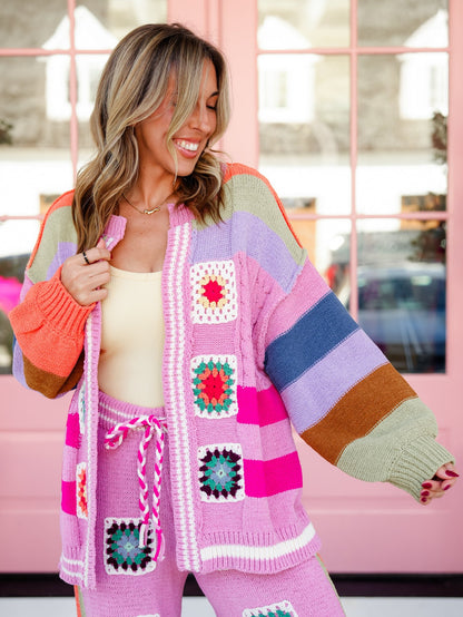 POL Granny Square Crochet Striped Open Knit Cardigan - Freckled Poppy