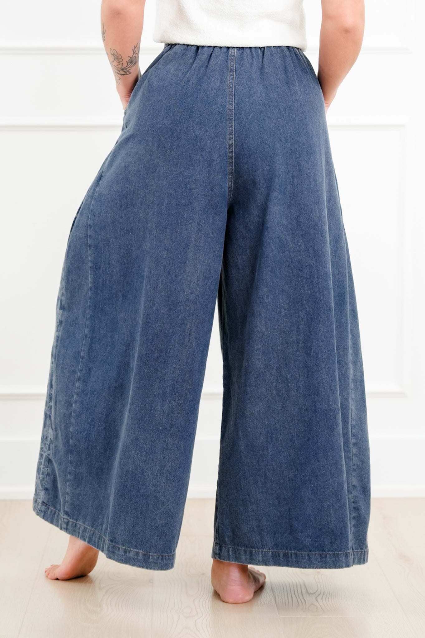Denim Floral Print Elastic Waist Wide Leg Pants
