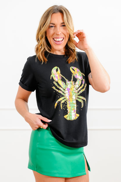 Plus/Reg Black Short Sleeve Mardi Gras Lobster Graphic Tee
