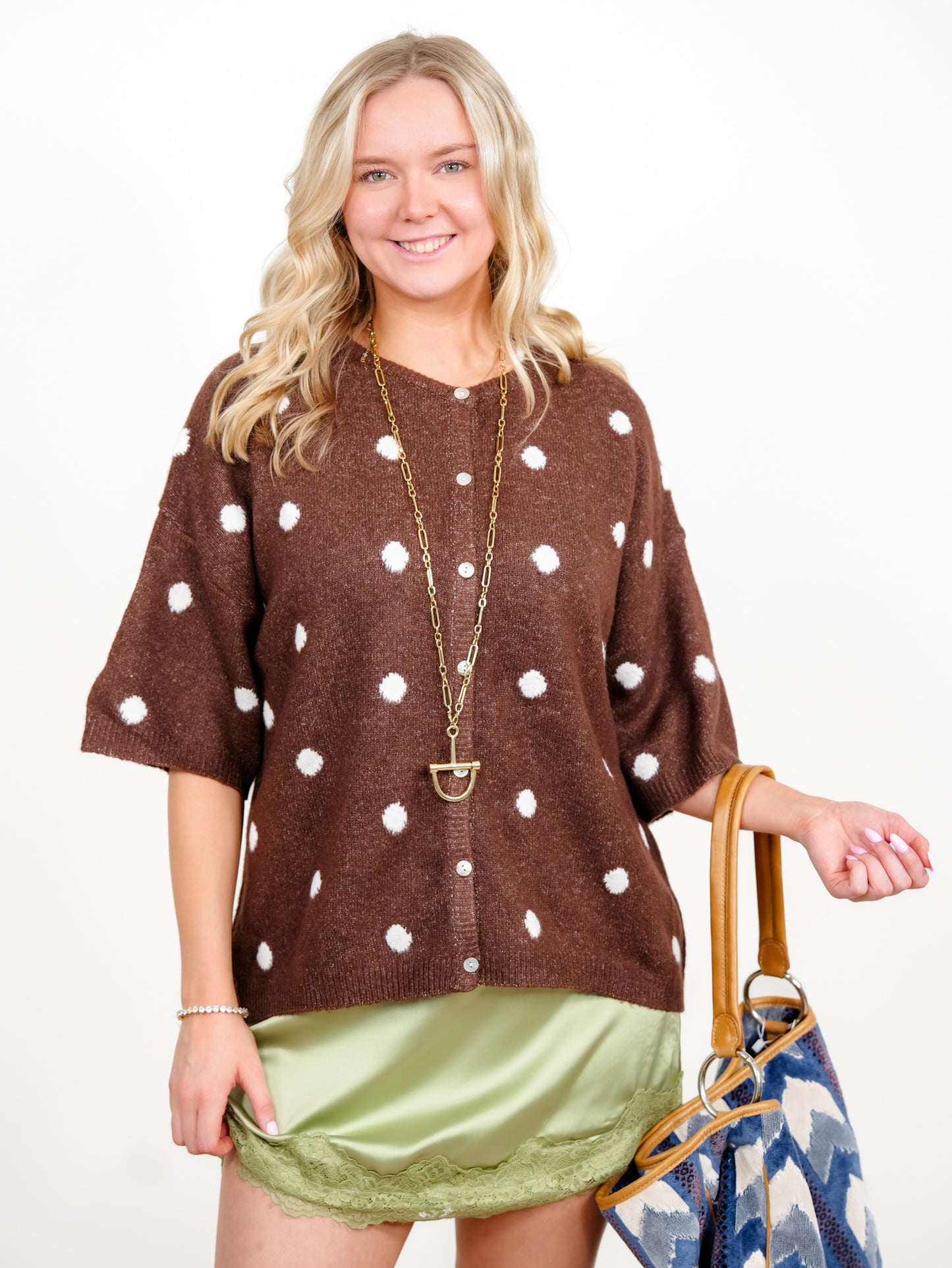Polka Dot Short Sleeve Button Down Cardigan