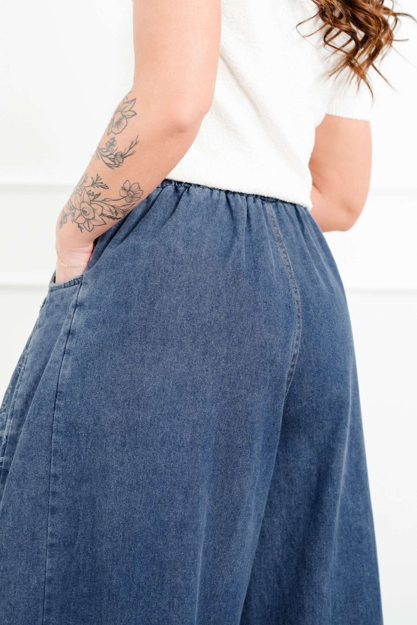 Denim Floral Print Elastic Waist Wide Leg Pants