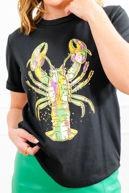 Plus/Reg Black Short Sleeve Mardi Gras Lobster Graphic Tee