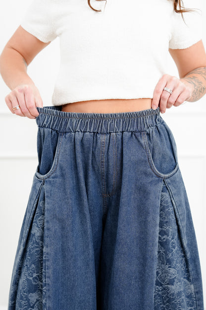 Denim Floral Print Elastic Waist Wide Leg Pants