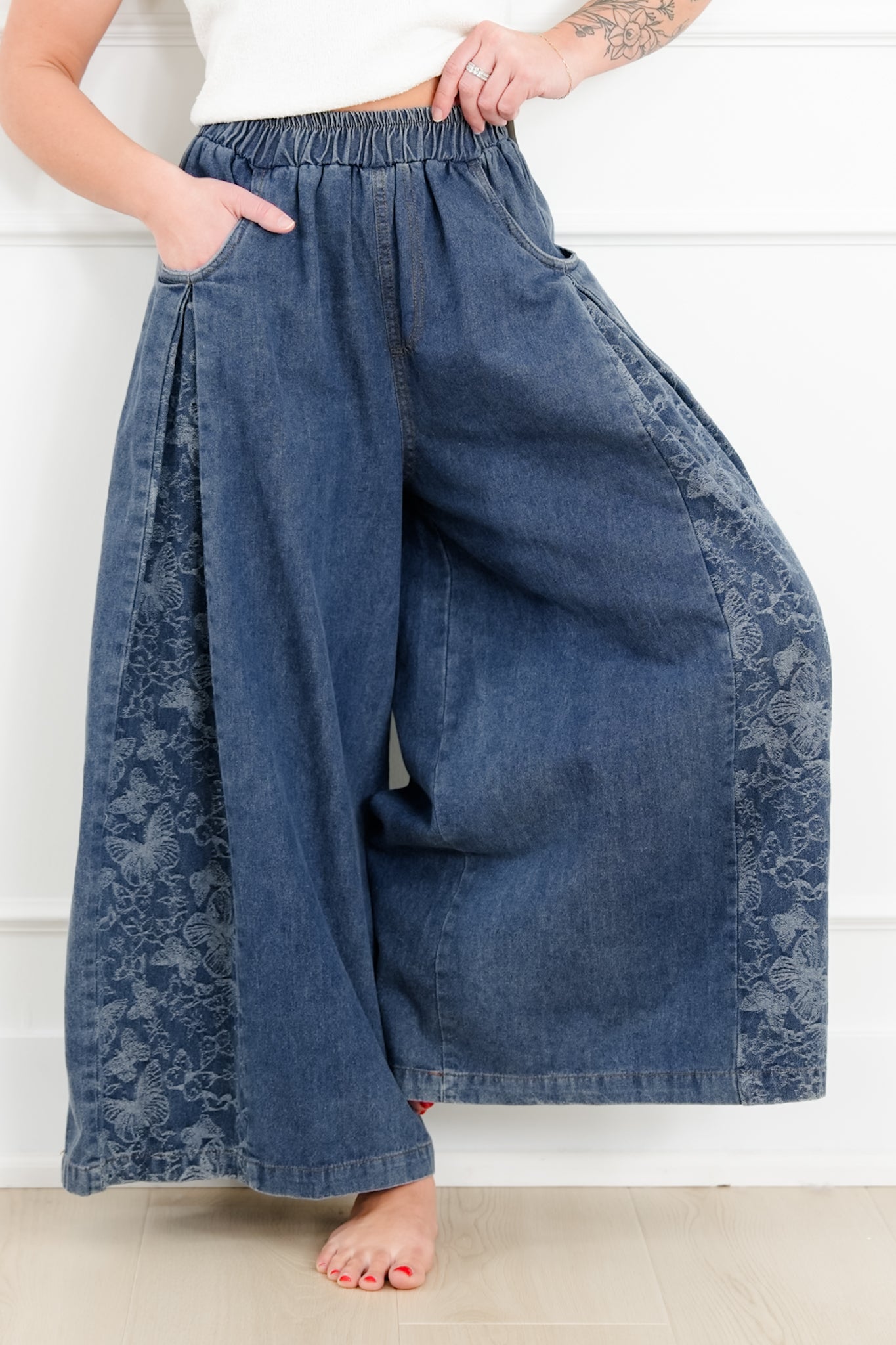 Denim Floral Print Elastic Waist Wide Leg Pants