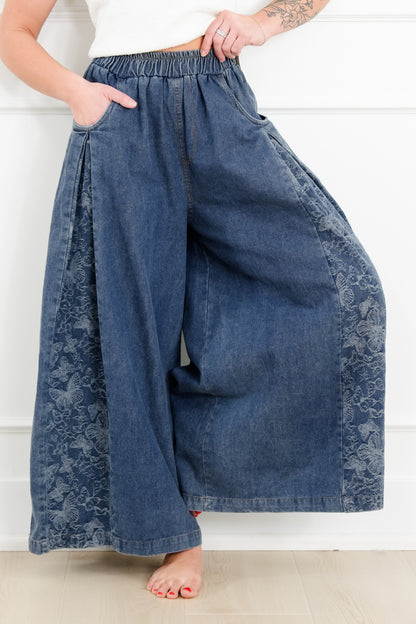 Denim Floral Print Elastic Waist Wide Leg Pants