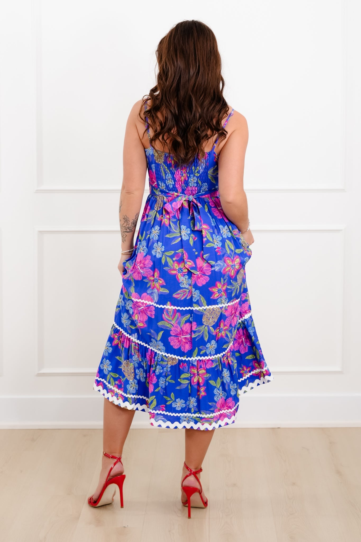 Blue Floral Sleeveless Midi Dress with Ric Rac Trim Detail S