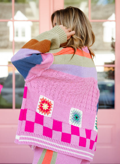 POL Granny Square Crochet Striped Open Knit Cardigan - Freckled Poppy