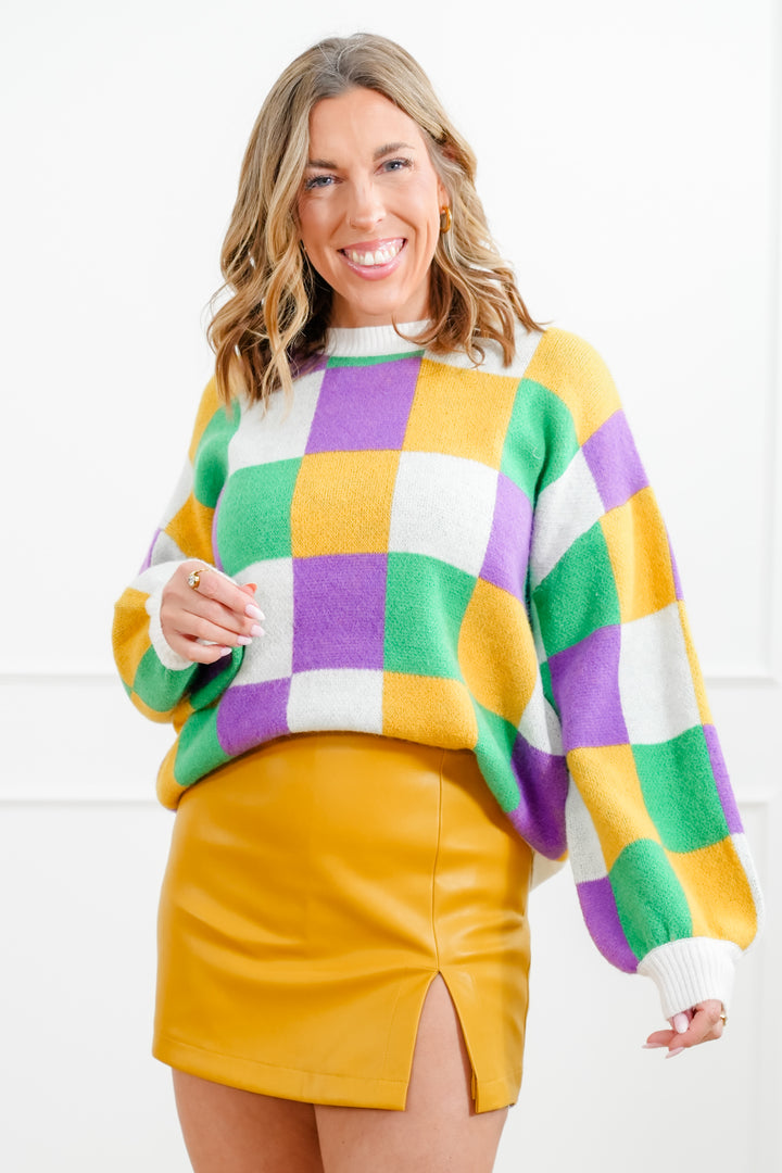 Mardi Gras Checkered Long Sleeve Pullover Sweater