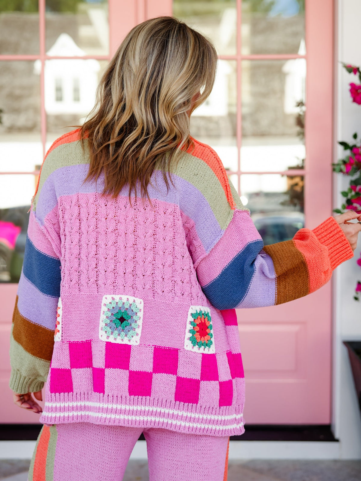 POL Granny Square Crochet Striped Open Knit Cardigan - Freckled Poppy