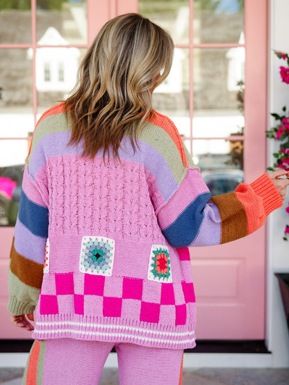 POL Granny Square Crochet Striped Open Knit Cardigan - Freckled Poppy