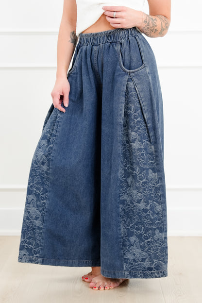 Denim Floral Print Elastic Waist Wide Leg Pants