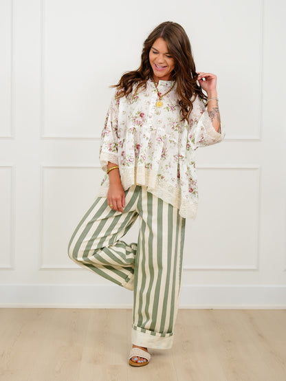 POL Floral Print 3/4 Sleeve Button Up Blouse