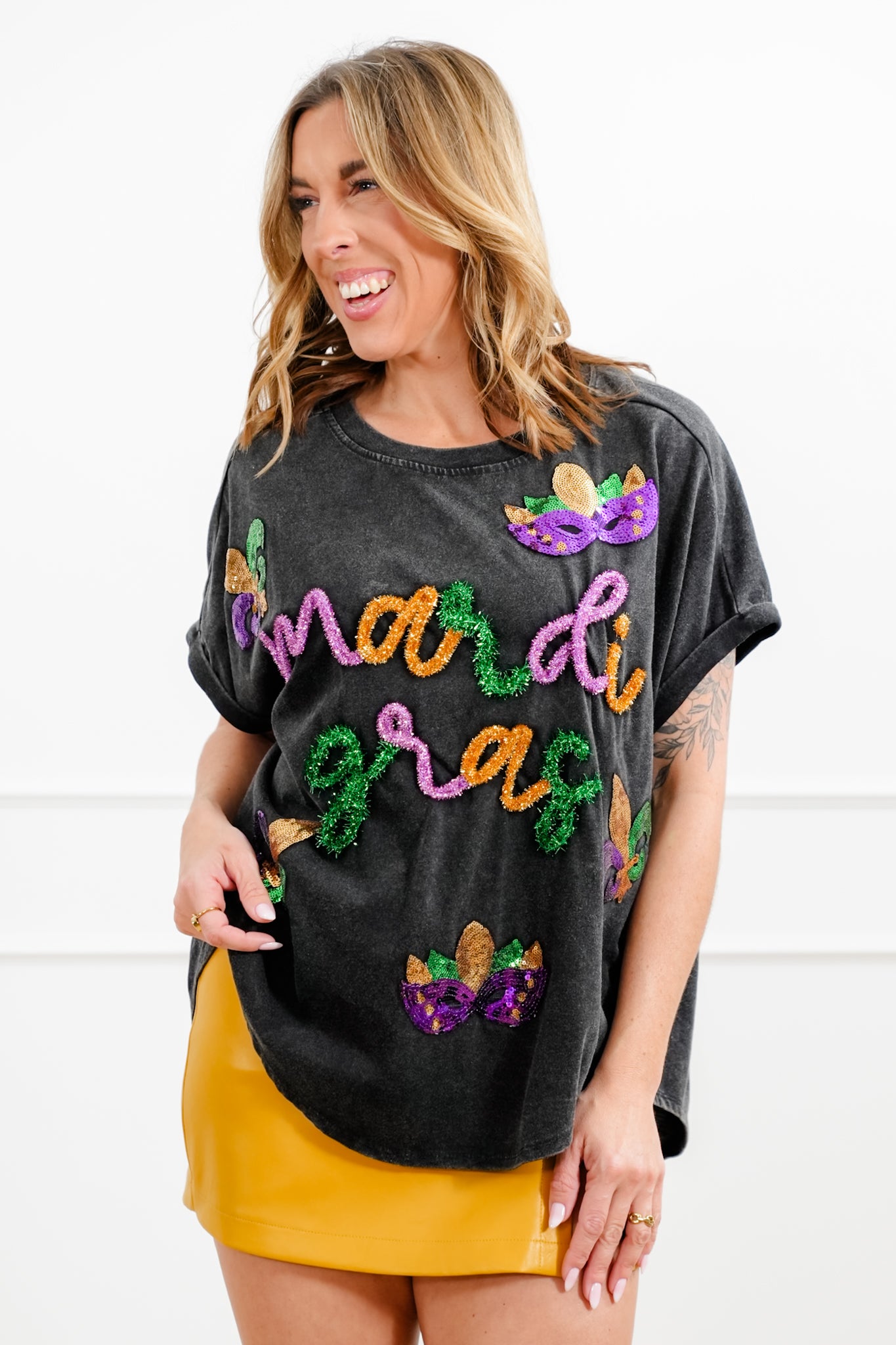 Short Dolman Sleeve Tinsel " Mardi Gras" Top with Sequin Detail