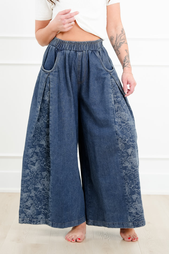 Denim Floral Print Elastic Waist Wide Leg Pants