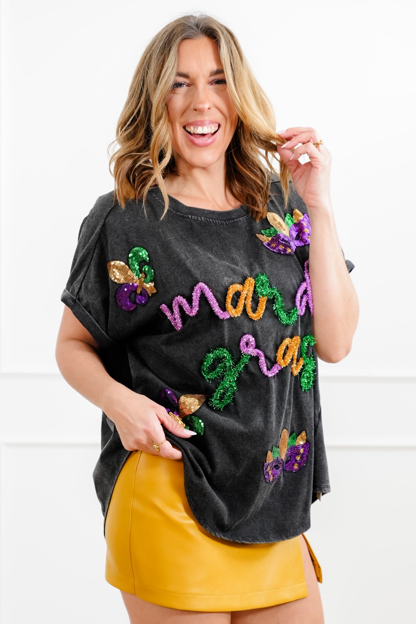 Short Dolman Sleeve Tinsel " Mardi Gras" Top with Sequin Detail