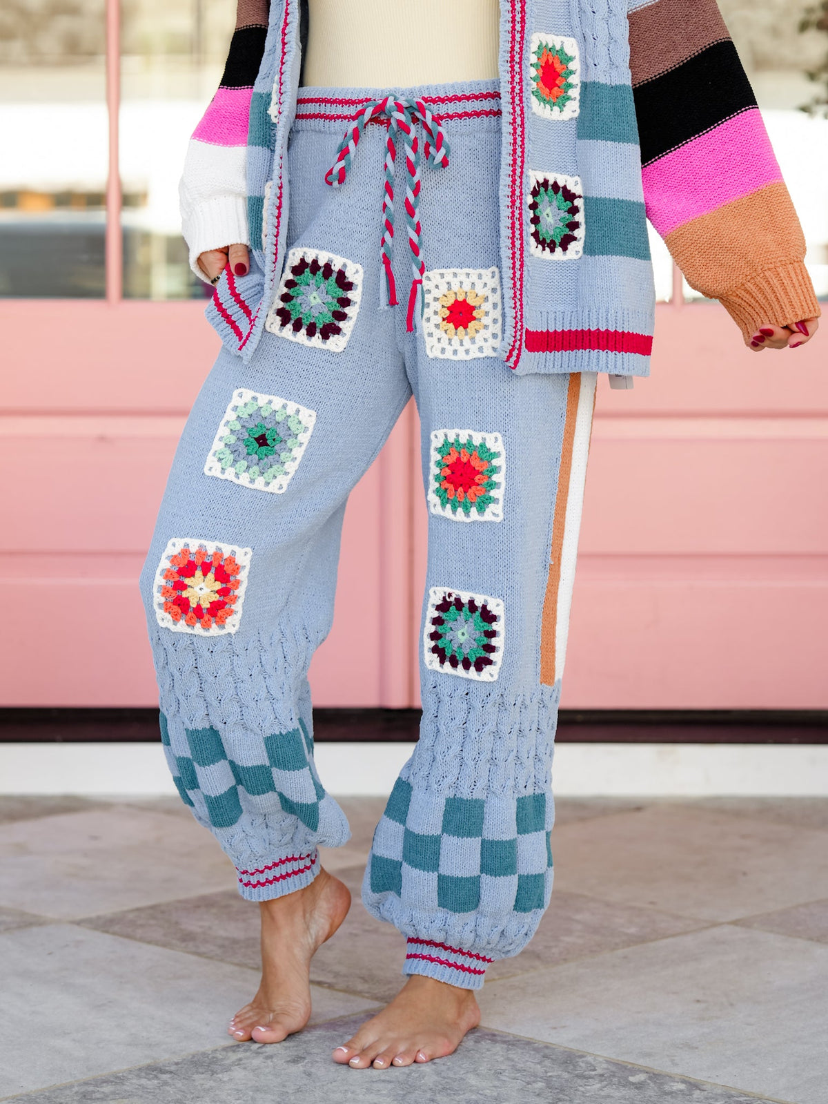 POL Knit Elastic Waist Pants with Crochet Granny Square Detail - Freckled Poppy