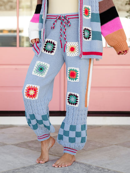 POL Knit Elastic Waist Pants with Crochet Granny Square Detail - Freckled Poppy