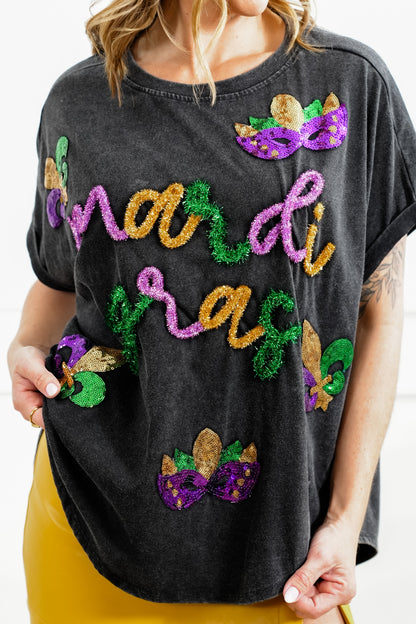 Short Dolman Sleeve Tinsel " Mardi Gras" Top with Sequin Detail
