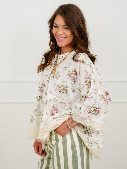 POL Floral Print 3/4 Sleeve Button Up Blouse