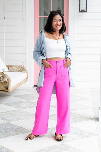 Solid Wide Leg Cropped Pants with Patch Pocket Detail