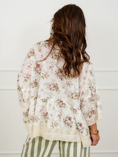 POL Floral Print 3/4 Sleeve Button Up Blouse
