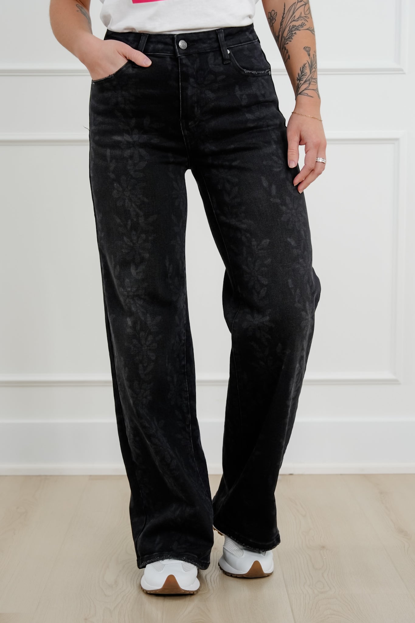 Daisy Print High Waist Wide Leg Jeans