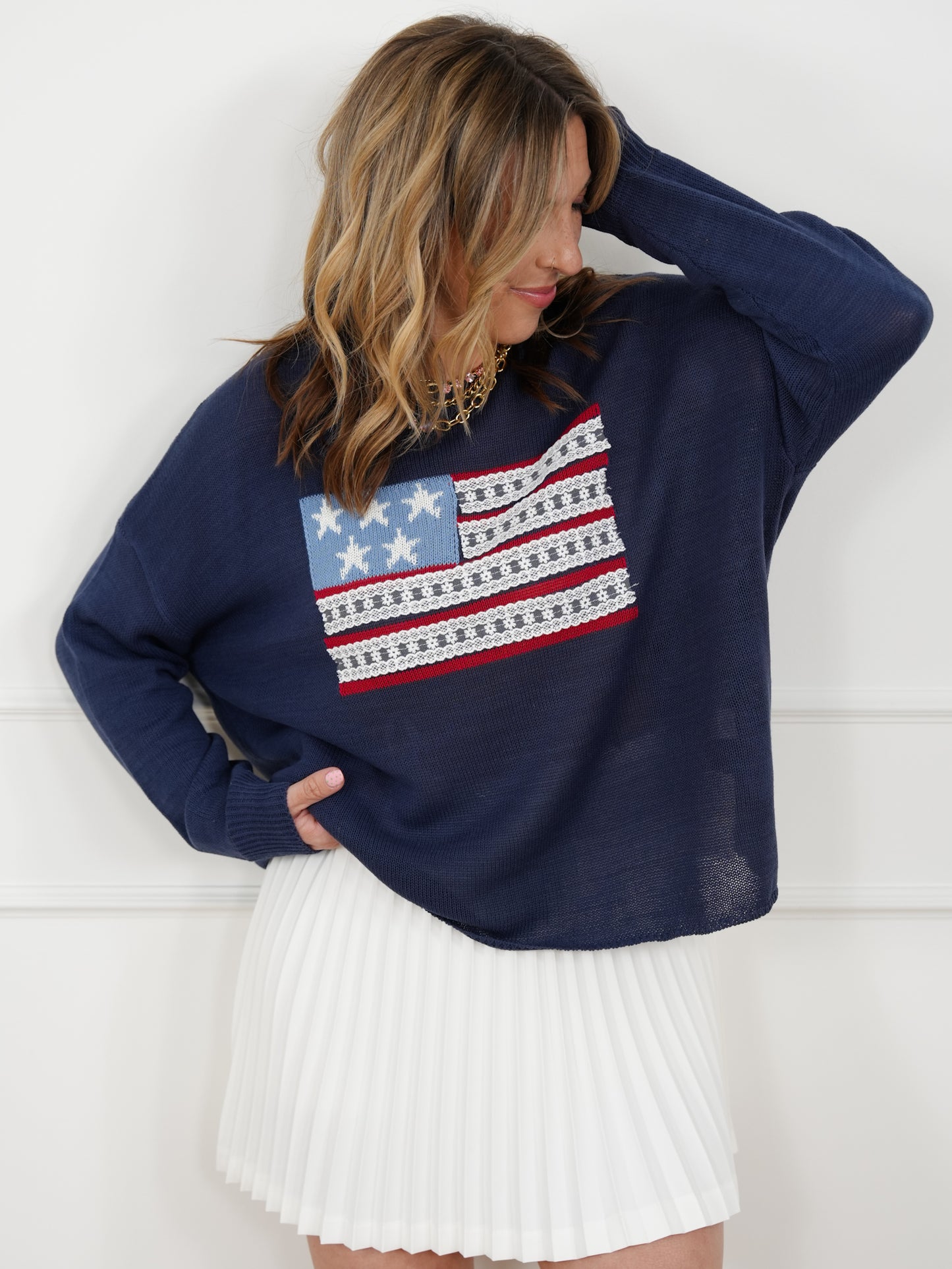Long Sleeve American Flag Pullover Sweater