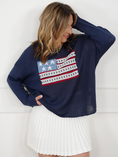 Long Sleeve American Flag Pullover Sweater