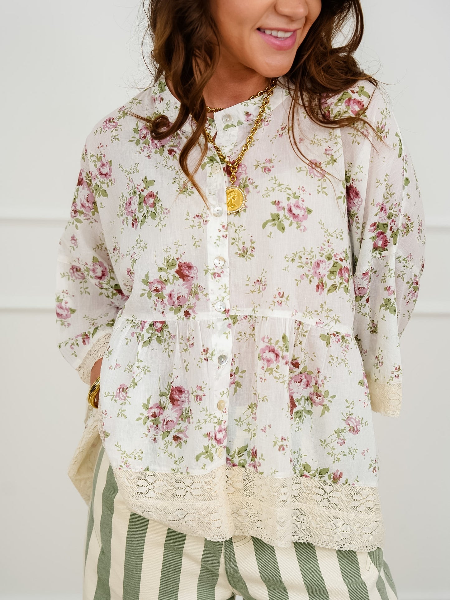 POL Floral Print 3/4 Sleeve Button Up Blouse
