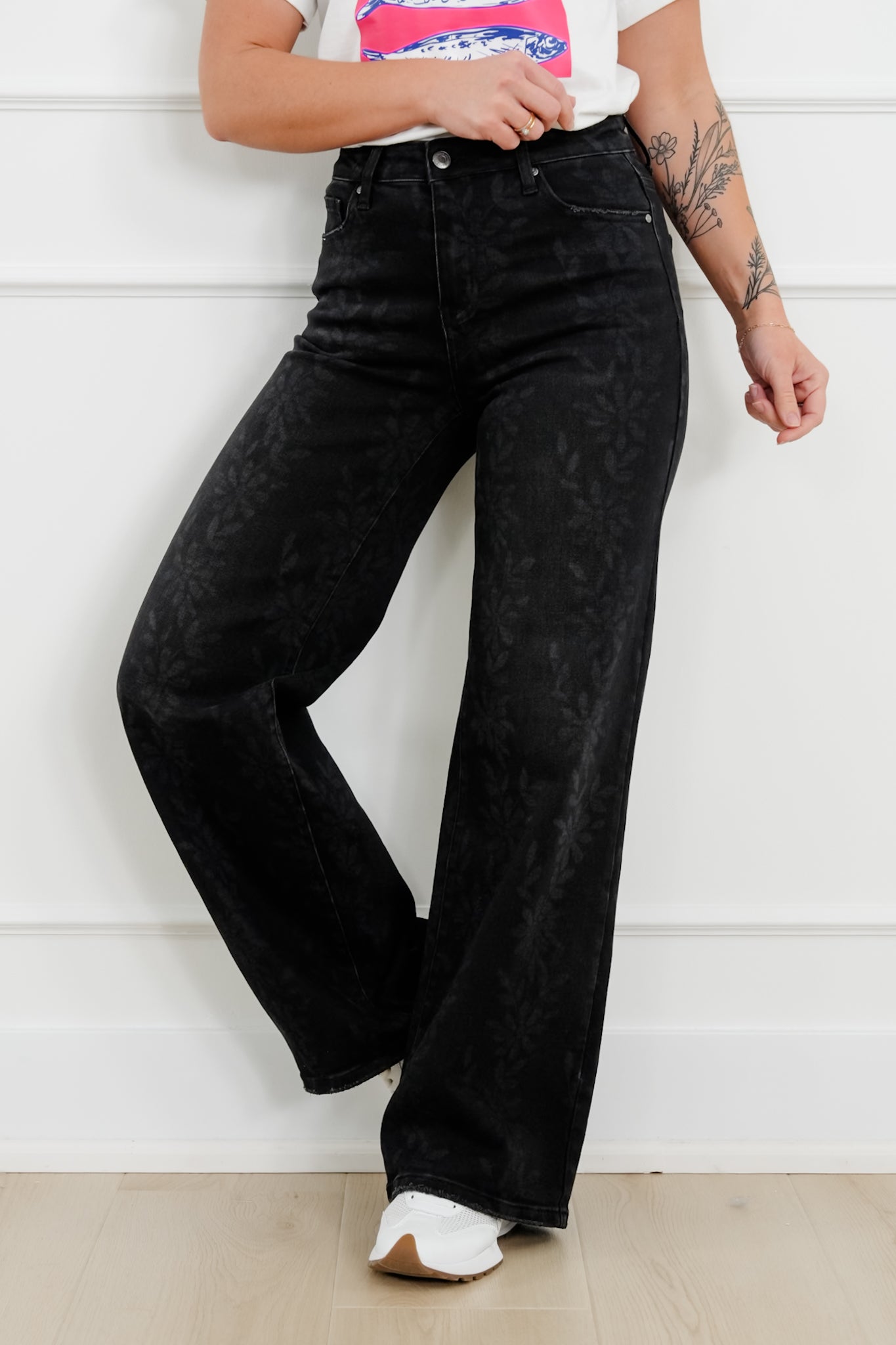 Daisy Print High Waist Wide Leg Jeans