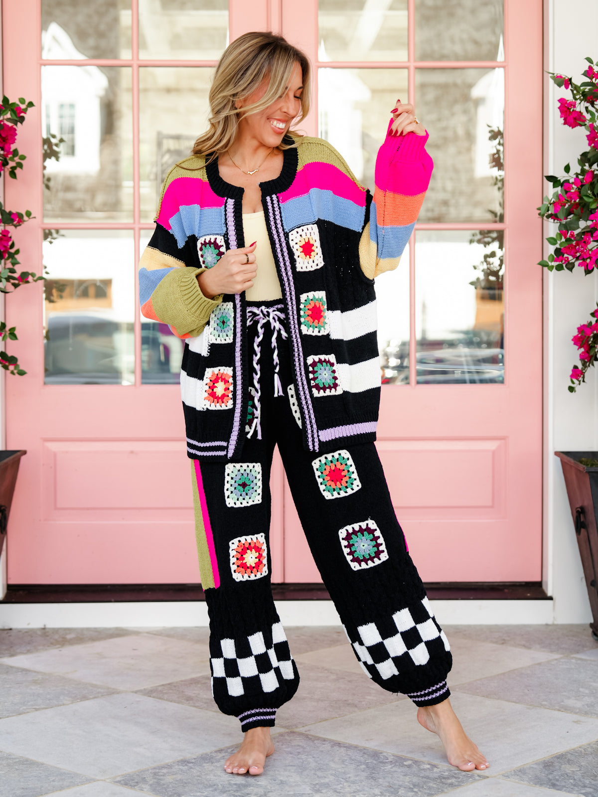 POL Granny Square Crochet Striped Open Knit Cardigan - Freckled Poppy
