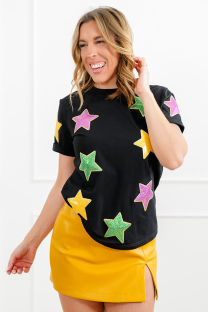 Plus/Reg Sequin Stars Patch Short Sleeve Tee