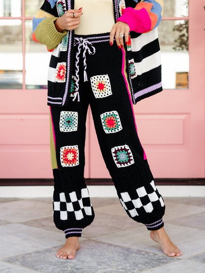 POL Knit Elastic Waist Pants with Crochet Granny Square Detail - Freckled Poppy
